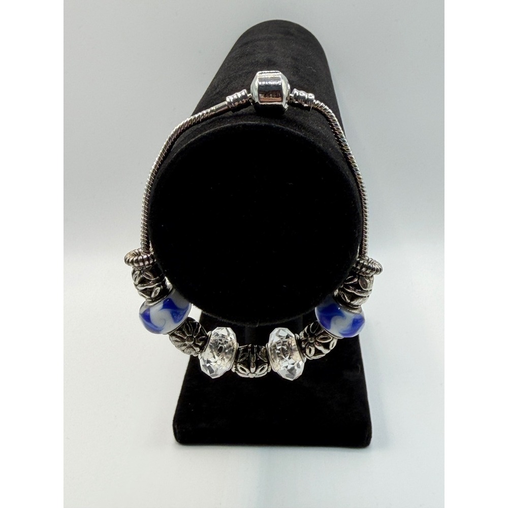 European Style Charm Bracelet Blue White Glass Crystal Silver Tone Boho Coastal
